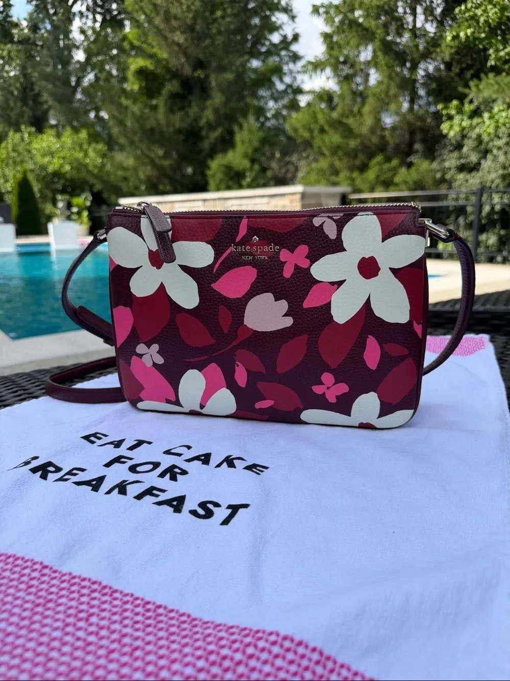 Kate Spade Floral Crossbody Purse Pink Burgundy Leather Like New